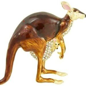 NAPIER Kangaroo w/ Baby Joey in Pouch Gold Brown Enamel Clear Crystal Brooch Pin